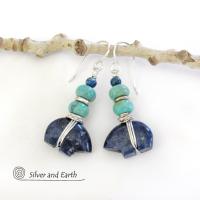 Lapis Zuni Bear Earrings with Turquoise - Southwest Spirit Animal Fetish Jewelry