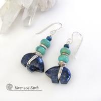 Lapis Zuni Bear Earrings with Turquoise - Southwest Spirit Animal Fetish Jewelry