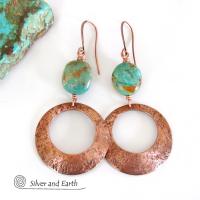 Modern Rustic Copper Hoop Dangle Earrings with Natural Turquoise Nuggets