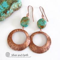 Modern Rustic Copper Hoop Dangle Earrings with Natural Turquoise Nuggets