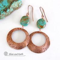 Modern Rustic Copper Hoop Dangle Earrings with Natural Turquoise Nuggets