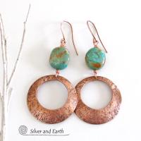 Modern Rustic Copper Hoop Dangle Earrings with Natural Turquoise Nuggets