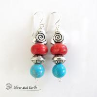 Turquoise & Coral Earrings with Spiral Pewter Beads - Southwestern Jewelry