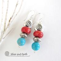 Turquoise & Coral Earrings with Spiral Pewter Beads - Southwestern Jewelry