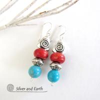 Turquoise & Coral Earrings with Spiral Pewter Beads - Southwestern Jewelry