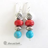 Turquoise & Coral Earrings with Spiral Pewter Beads - Southwestern Jewelry