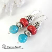 Turquoise & Coral Earrings with Spiral Pewter Beads - Southwestern Jewelry