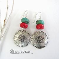 Sterling Silver Earrings with Turquoise & Red Coral - Modern Southwest Jewelry