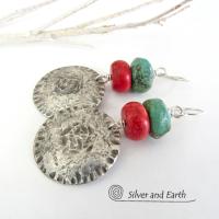 Sterling Silver Earrings with Turquoise & Red Coral - Modern Southwest Jewelry