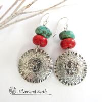 Sterling Silver Earrings with Turquoise & Red Coral - Modern Southwest Jewelry