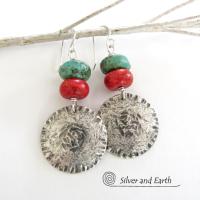 Sterling Silver Earrings with Turquoise & Red Coral - Modern Southwest Jewelry