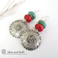 Sterling Silver Earrings with Turquoise & Red Coral - Modern Southwest Jewelry