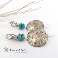 Textured Sterling Silver & Turquoise Earrings - Modern Bohemian Silver Jewelry