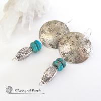 Textured Sterling Silver & Turquoise Earrings - Modern Bohemian Silver Jewelry