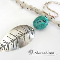 Sterling Silver Feather Necklace with Turquoise - Modern Southwestern Jewelry