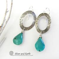 Sterling Silver Oval Hoop Dangle Earrings with Natural Turquoise Stones