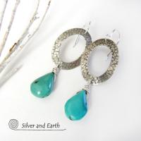 Sterling Silver Oval Hoop Dangle Earrings with Natural Turquoise Stones