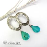 Sterling Silver Oval Hoop Dangle Earrings with Natural Turquoise Stones