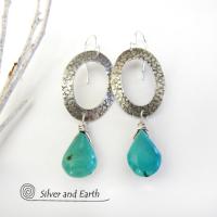 Sterling Silver Oval Hoop Dangle Earrings with Natural Turquoise Stones