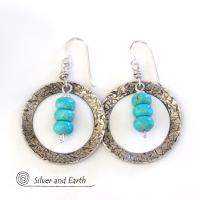 Sterling Silver Hoop Earrings with Turquoise Stones - Modern Silver Jewelry