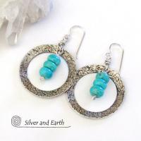 Sterling Silver Hoop Earrings with Turquoise Stones - Modern Silver Jewelry