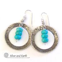 Sterling Silver Hoop Earrings with Turquoise Stones - Modern Silver Jewelry