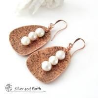 Copper Earrings with Dangling White Pearls - 7th Wedding Copper Anniversary Gift