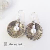 Small Sterling Silver Earrings with Dangling White Pearl - Modern Silver Jewelry