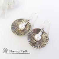Small Sterling Silver Earrings with Dangling White Pearl - Modern Silver Jewelry