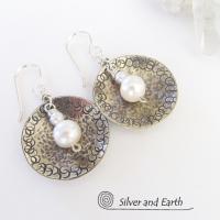Small Sterling Silver Earrings with Dangling White Pearl - Modern Silver Jewelry