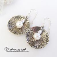 Small Sterling Silver Earrings with Dangling White Pearl - Modern Silver Jewelry