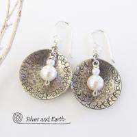 Small Sterling Silver Earrings with Dangling White Pearl - Modern Silver Jewelry