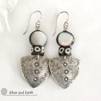 Sterling Silver Tribal Shield Earrings with Black Lip Mother-of-Pearl and African Batik Bone Beads