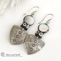 Sterling Silver Tribal Shield Earrings with Black Lip Mother-of-Pearl and African Batik Bone Beads