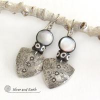 Sterling Silver Tribal Shield Earrings with Black Lip Mother-of-Pearl and African Batik Bone Beads