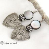 Sterling Silver Tribal Shield Earrings with Black Lip Mother-of-Pearl and African Batik Bone Beads