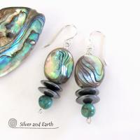 Abalone and Turquoise Beaded Dangle Earrings with Hematite Stones - Natural Abalone Shell Jewelry