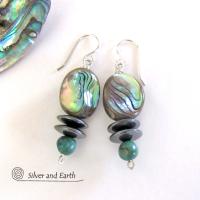 Abalone and Turquoise Beaded Dangle Earrings with Hematite Stones - Natural Abalone Shell Jewelry