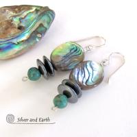 Abalone and Turquoise Beaded Dangle Earrings with Hematite Stones - Natural Abalone Shell Jewelry