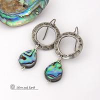 Blue Abalone Shell Silver Pewter Hoop Earrings - Natural Paua Shell Jewelry