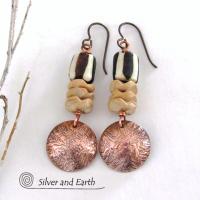 Hammered Copper Dangle Earrings with African Batik Bone Beads - Boho Tribal African Style Fashion Jewelry