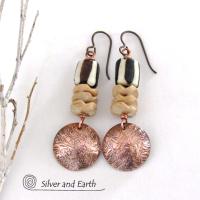 Hammered Copper Dangle Earrings with African Batik Bone Beads - Boho Tribal African Style Fashion Jewelry