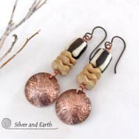 Hammered Copper Dangle Earrings with African Batik Bone Beads - Boho Tribal African Style Fashion Jewelry
