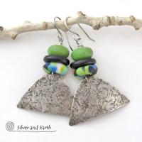 Sterling Silver Earrings with Green Serpentine Stones & Colorful African Glass Beads