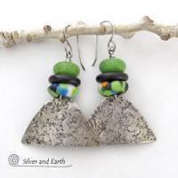 Sterling Silver Earrings with Green Serpentine Stones & Colorful African Glass Beads