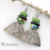 Sterling Silver Earrings with Green Serpentine Stones & Colorful African Glass Beads