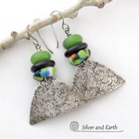 Sterling Silver Earrings with Green Serpentine Stones & Colorful African Glass Beads