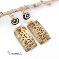 Gold Brass Earrings with Hand Stamped Texture & African Batik Bone Beads - Bold Unique Ethnic Tribal African Style Jewelry