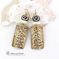 Gold Brass Earrings with Hand Stamped Texture & African Batik Bone Beads - Bold Unique Ethnic Tribal African Style Jewelry