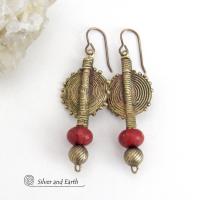 African Brass Sun Coin Earrings with Red Coral - Ethnic Cultural Tribal Afrocentric Style Fashion Jewelry